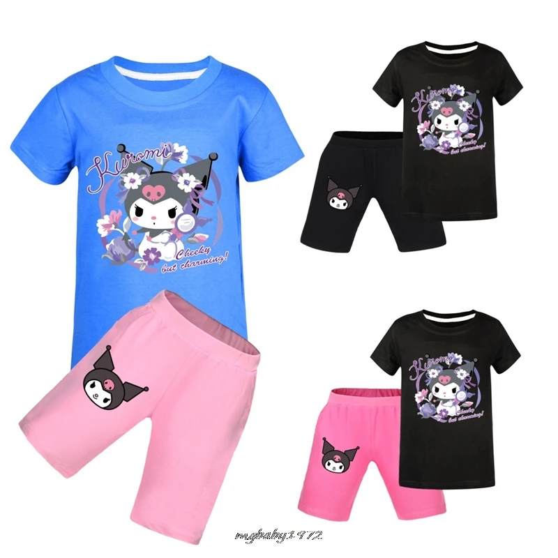 Fashion Lovely Kuromi Melody  T Shirt +shorts 2pcs Set Baby Girl Clothes Children Casual Outfit Boys Short Sleeve Suits