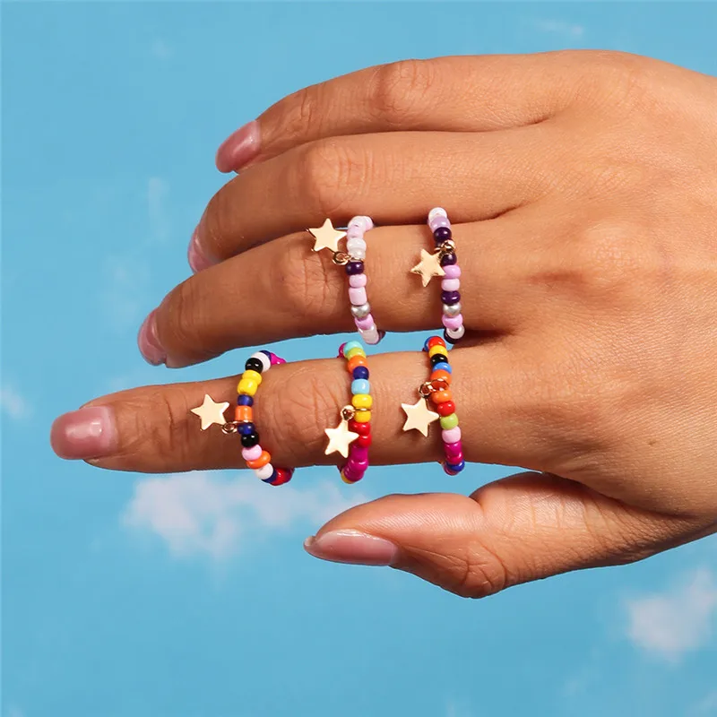 Aihua Koreanische Bunte Blume Ring Sets Böhmen Handgemachte Multi Perlen Reis Perlen Finger Ring Für Frauen Strand Schmuck Geschenke – Detail 16