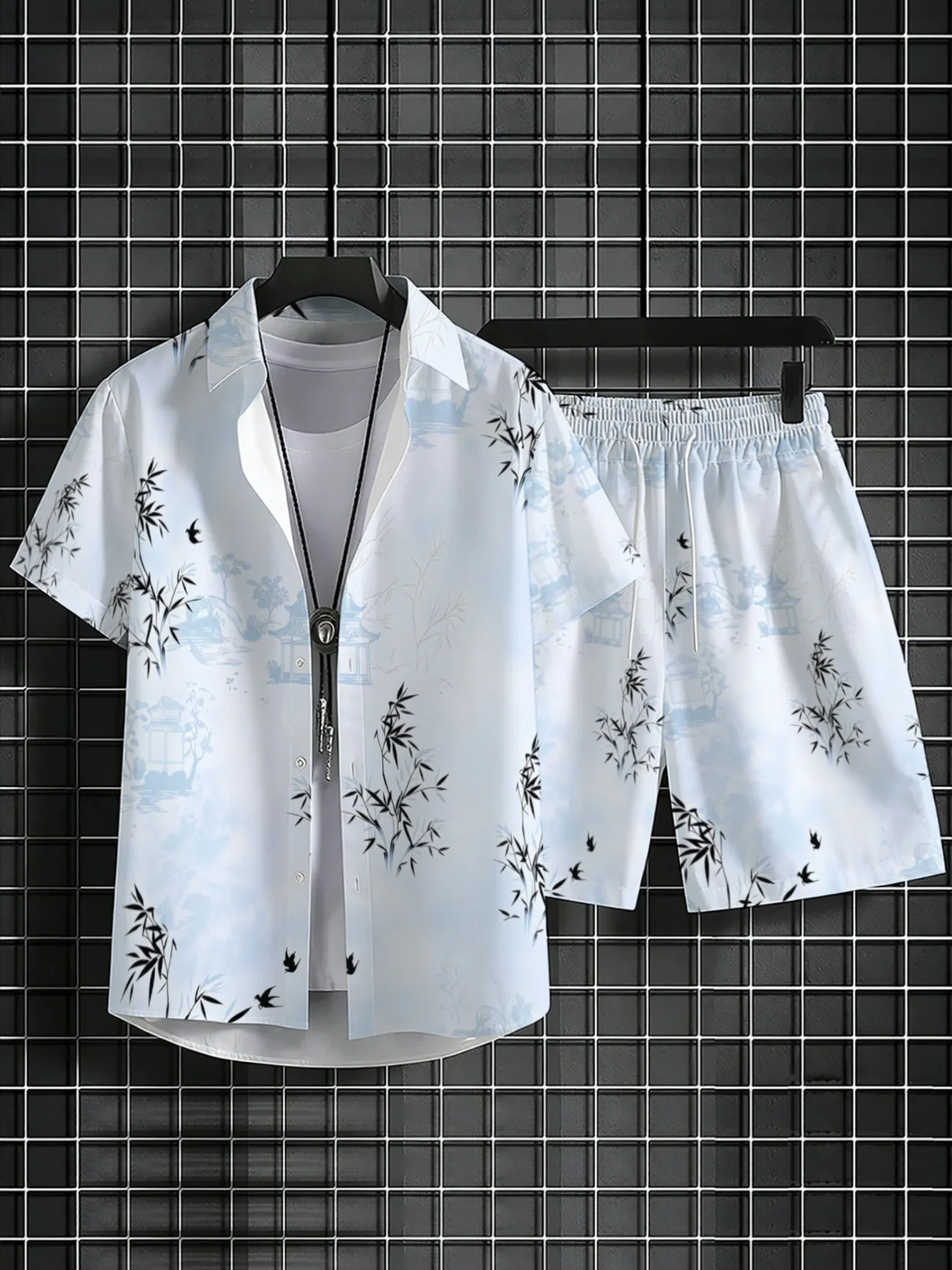 Conjunto de Verano para Hombre con Estampado Oriental, Camisa de Manga Corta con Botones y Pantalones Cortos con Cordón, Traje para Vacaciones en la Playa