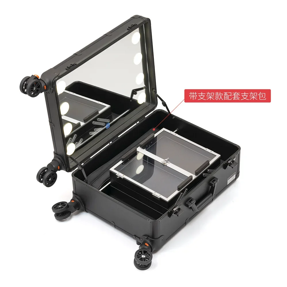 Professional Trolley Cosmetic Case Makeup Fixing Artist Box with Light Led Full Mirror Large Capacity Bracket Available Power