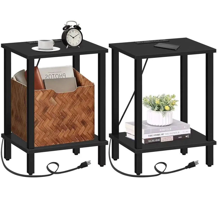 

End Table with Charging Station, Set of 2, Side Table with USB Ports and Outlets, Nightstand, 2Tier Storage Shelf, Sofa Table fo