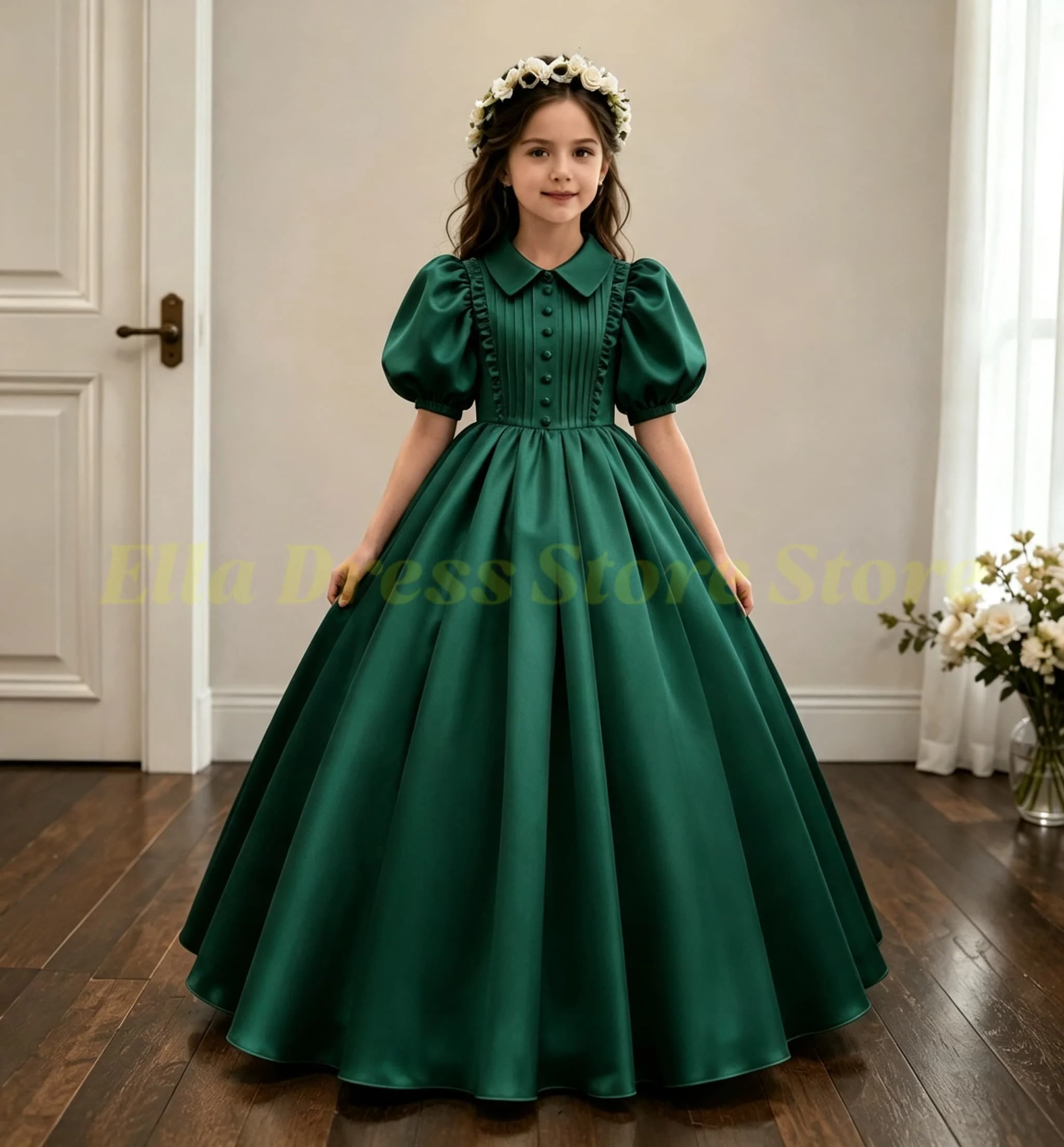 Blumenmädchenkleid für Hochzeitsfeier Kleinkinder Hochgeschlossenes Ballkleid mit Ballonärmeln Plissiertes Satin Erstkommunionkleid Maßanfertigung – Detail 4