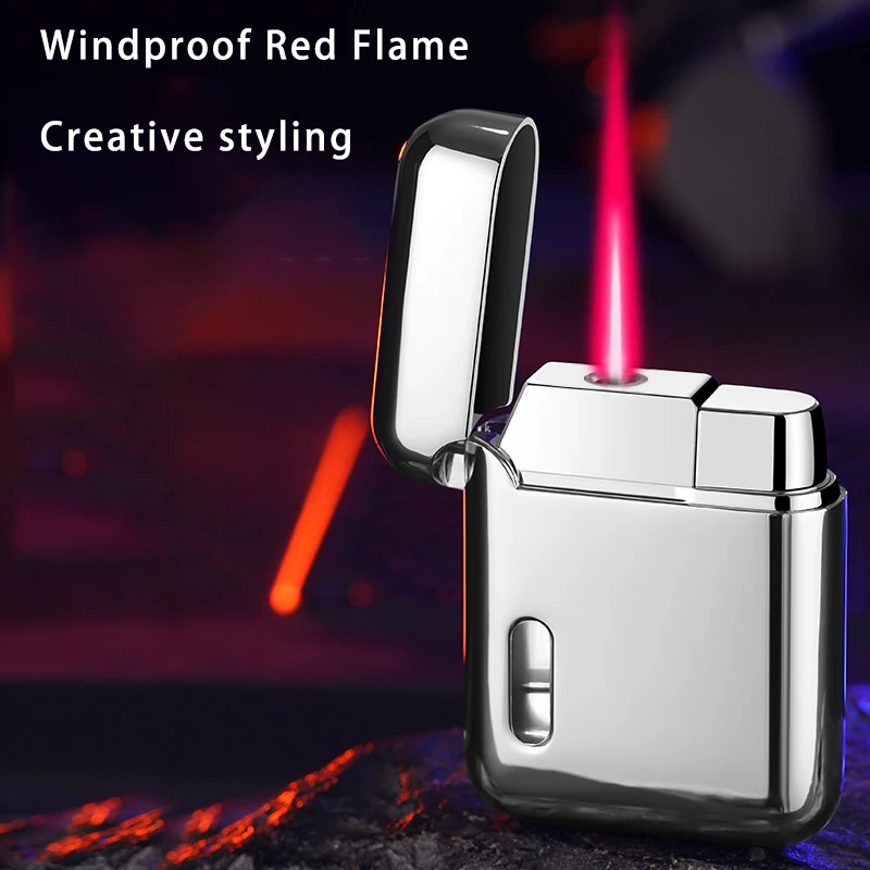 Electroplated Metal Direct Charge Classic Windproof Red Flame Inflatable Lighter Laser Made Visible Air Chamber