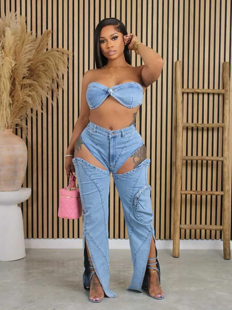 Summer Set Woman 2 Pieces Sexy Night Club Wear Strapless Vest and Jeans Side Slit Ladies Sex Suit Wholesale Dropshipping