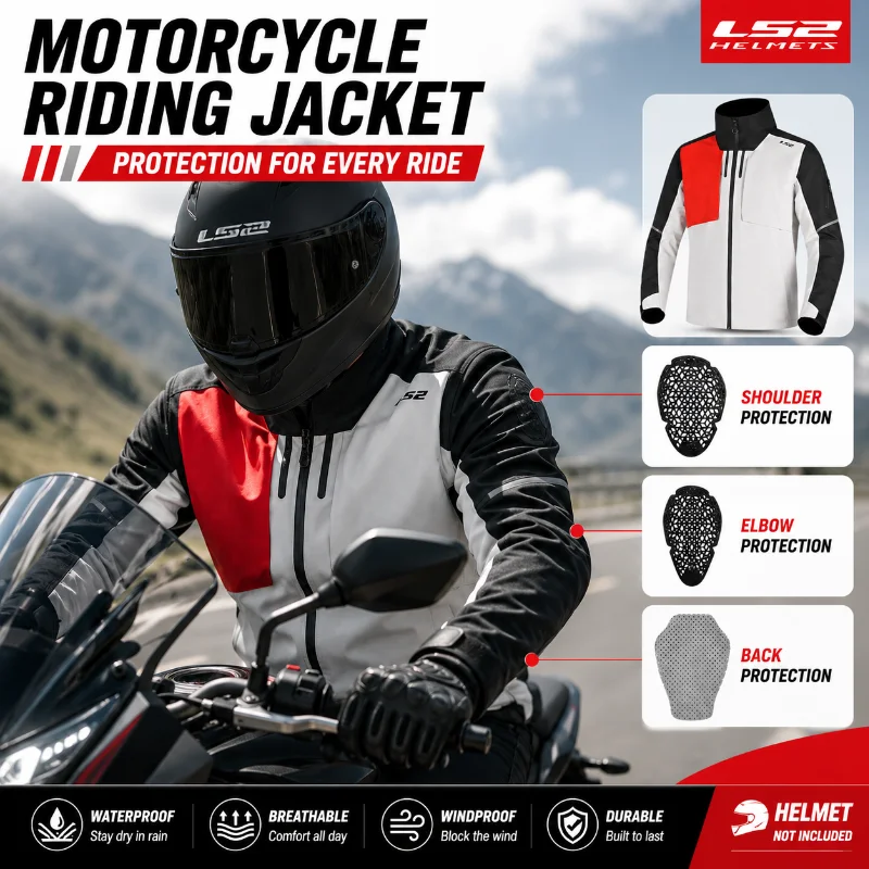 LS2 Motorcycle Riding Jacket Men Waterproof Breathable Four Season Protective Motorbike Racing Touring Jacket