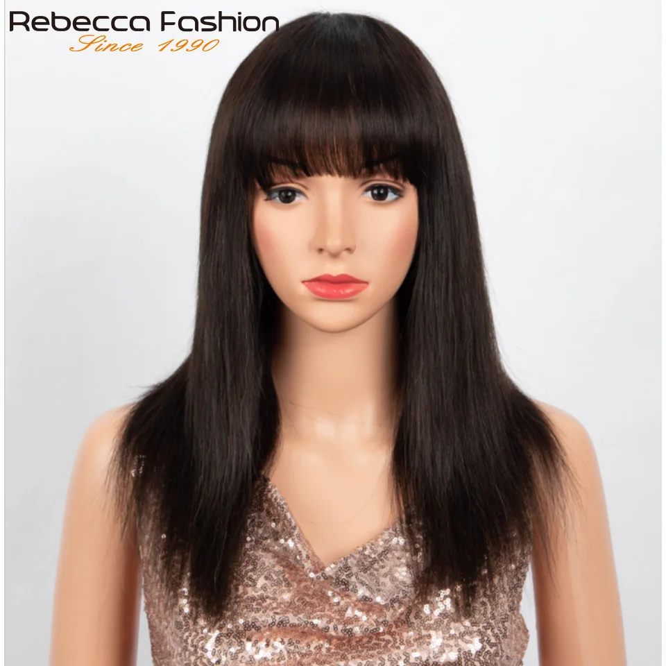 Clearance sales Wig Straight Human Hair Wigs With Bangs NATURAL 100% Remy Human Hair Wigs Hair 18'' Cheap Full Wigs Free Ship