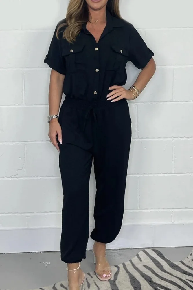 Overalls Women Jumpsuit Short Sleeve Tight Waist Drawstring Shirts Button Turn Down Collar Casual One Piece Solid Pants