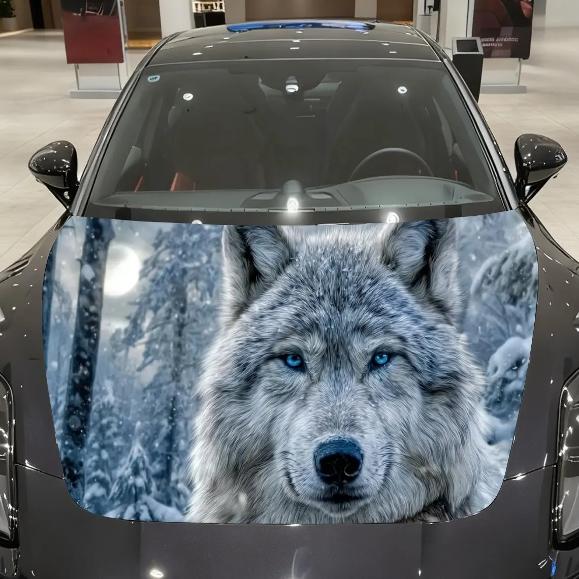 

Ice Field Wolf Eyes Lock Moonlit Forest Car Vinyl Wrap, PVC Material Waterproof Car Hood Sticker, Self-Adhesive Scratch-Resistan