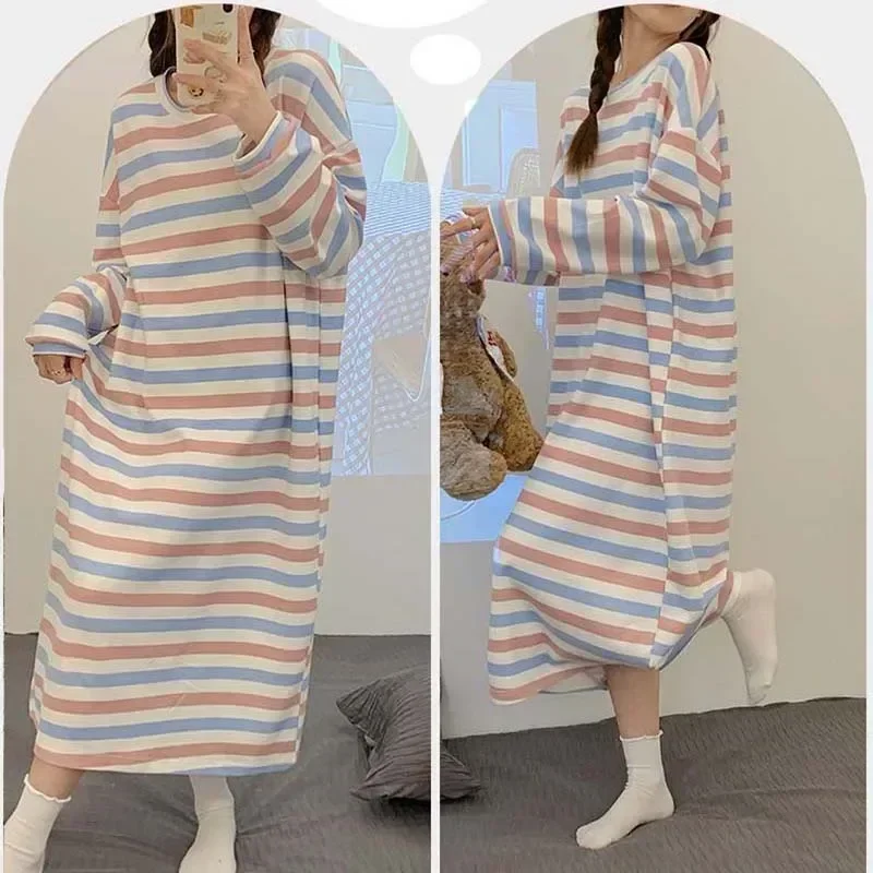 Piece Nightgown 2023 Dress Loose Nightwear In Women Striped Night New Pajamas Woman Home One Long Sleepwear Casual Autumn Sleeve