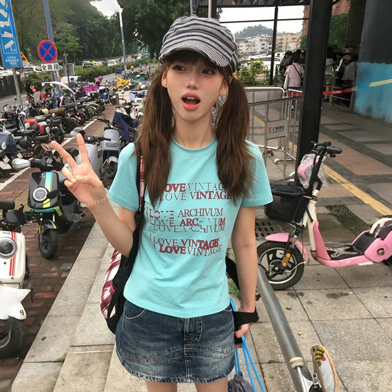 Karrram Japanese Y2k Letter Print T-shirt Trashy 2000s Style Crop Top Vintage Harajuku Short Sleeve Tee Shirt 90s American Retro