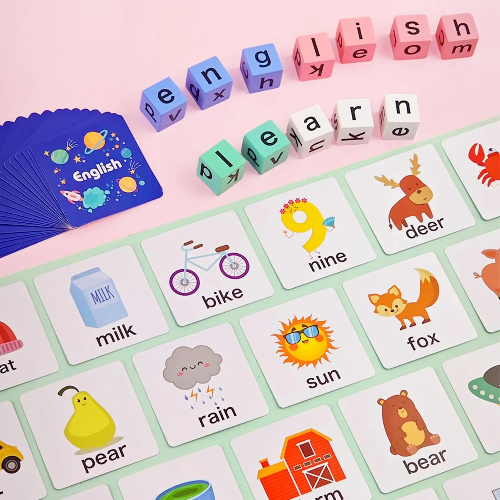 New Spelling Games Wooden Blocks Puzzles Literacy Games with Flash Cards for Kids Ages 3 Plus Home Classroom Preschool Party