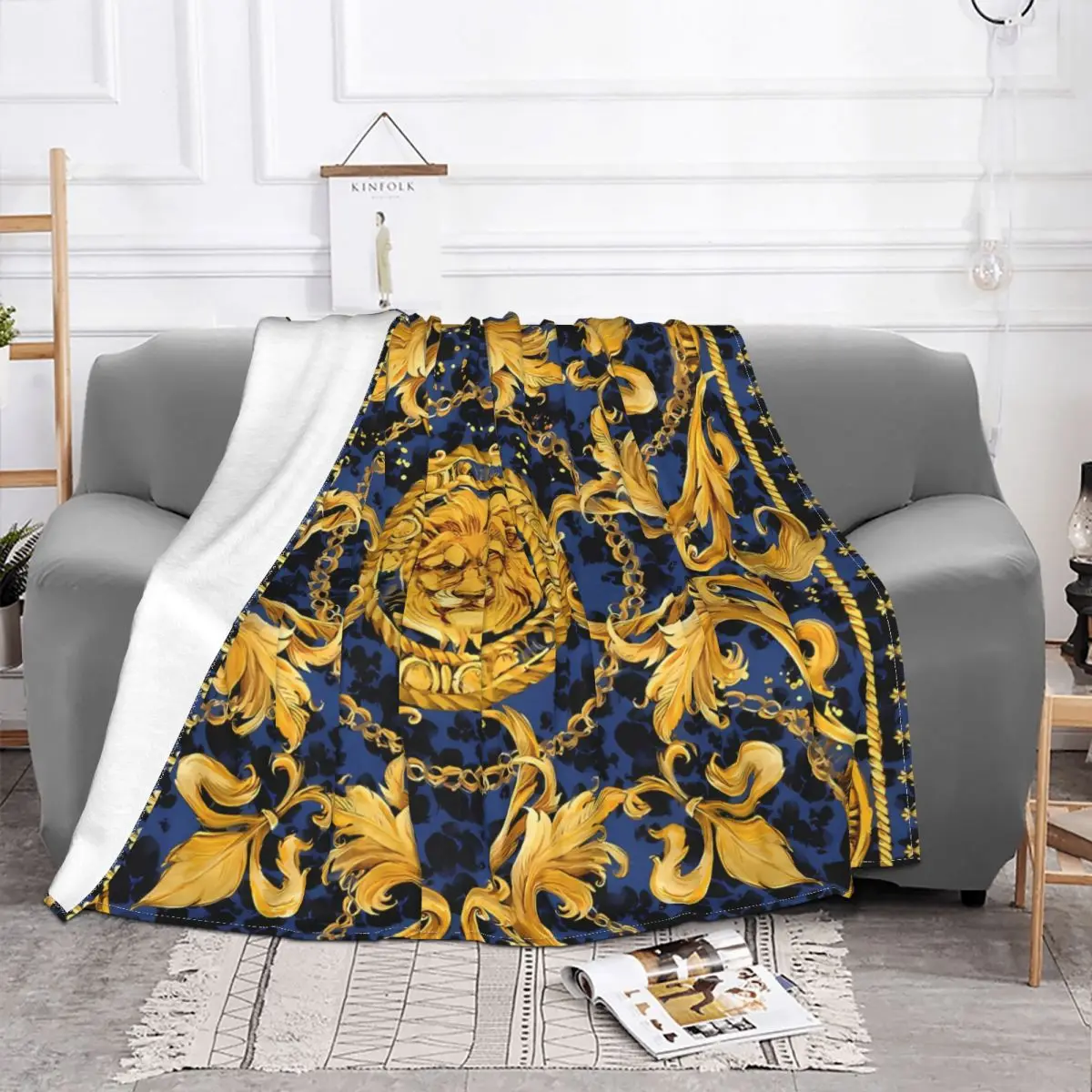 Golden Lion And Damask Blankets Ornament Coral Fleece Plush Decoration Bedroom Bedding Couch Bedspread