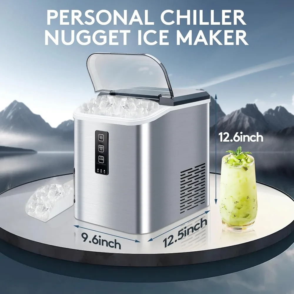 PERSONAL CHILLER Soft Nugget Countertop Ice Maker,1Cubes Ready in 8 Mins,50lbs in 24Hrs,fr Kitchen,Office Stainless Steel Silver