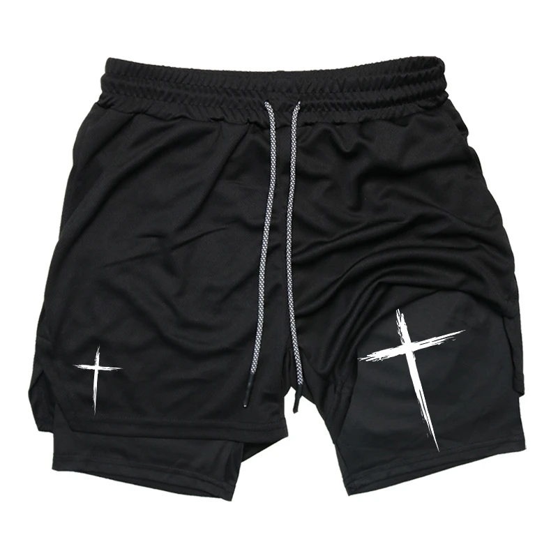 

Cross Print 2-in-1 Performance Shorts for Men Gym Workout Running Shorts with Phone Pocket Towel Loop Sports Loose Casual Shorts