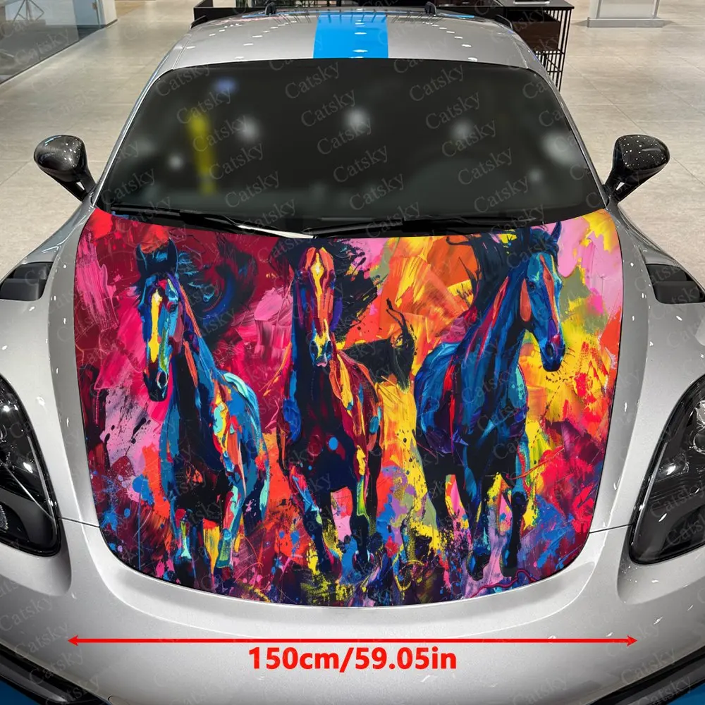 Dynamic Colorful Abstract Horse Car Hood Stickers - Self-Adhesive, Waterproof and Durable Vinyl Wrap, Decorate And Protect Your