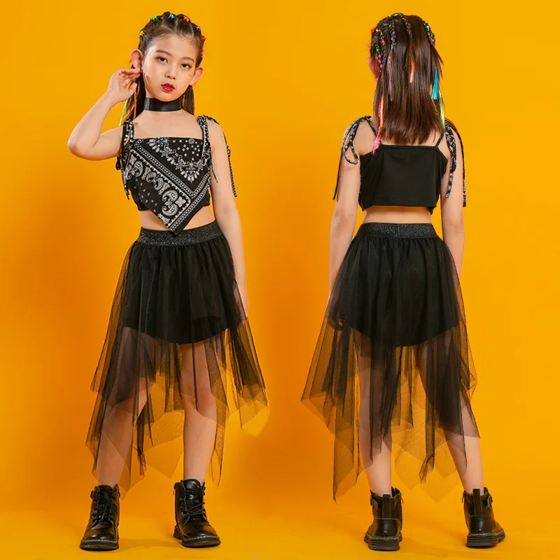 キッズブラックKPOPパンクヒップホップ服クロップトッププリーツメッシュスカートタクティカルカーゴパンツ女の子用ジャズダンスコスチュームセット服