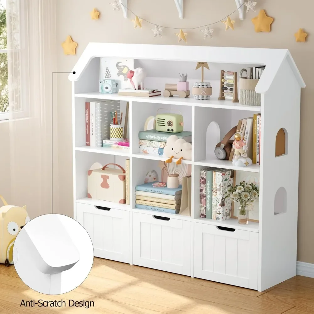 47.2'' Storage Organizer, Toy Organizers and Storage with 3 Movable Drawers and 6 Storage Cubbies, Kids Bookshelf Playroom