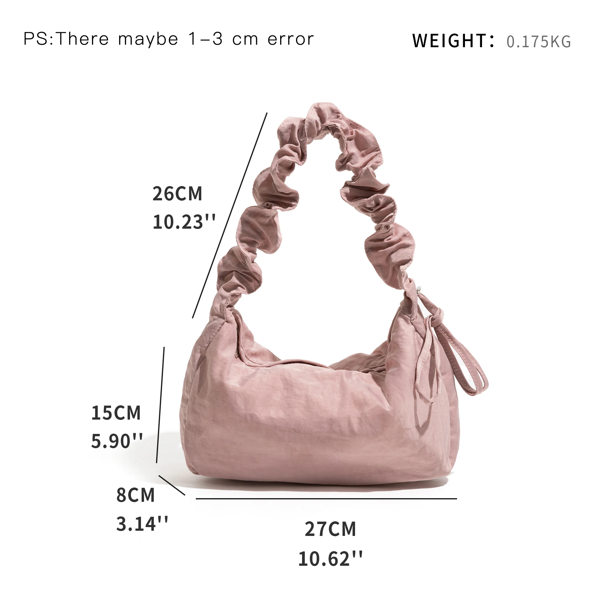 MABULA Ruffles Strap Women Nylon Shoulder Bag Simple Stylish Underarm Hobo Purse Chic Pink Single Daily Handbag