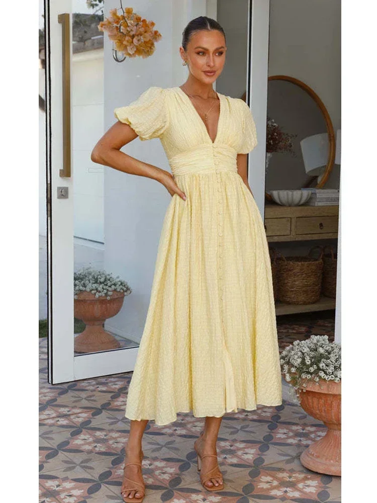 V-neck Yellow Puff Sleeve Split Solid Summer Women Dress 2025 A-line Maxi Long Sundress Vestido Button Beach Dress Party