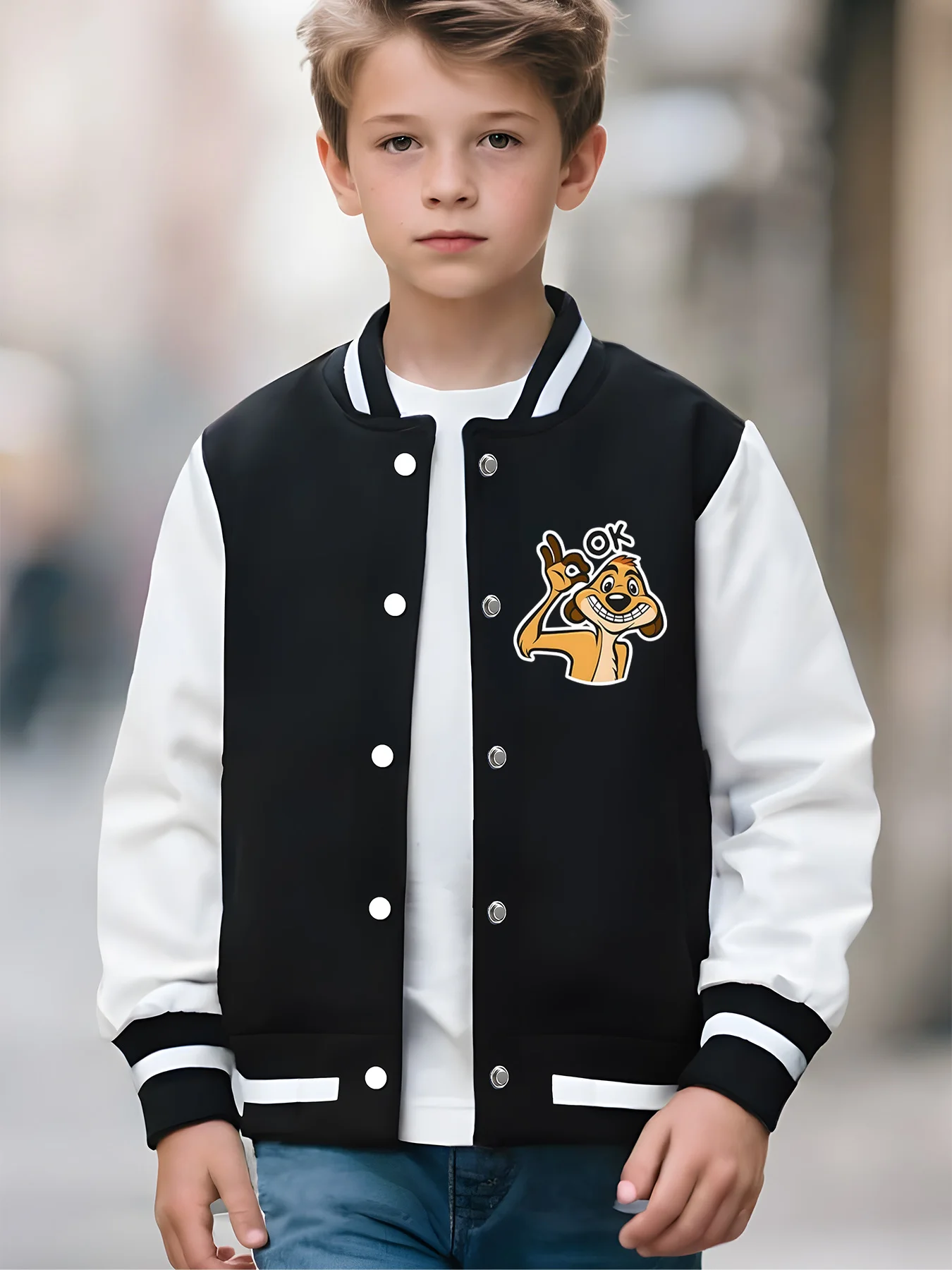 سترة بيسبول مينيسو ديزني "OK" للأولاد - نمط تيمون لطيف على الوجهين، مثالية للارتداء اليومي، قماش صديق للبشرة #2