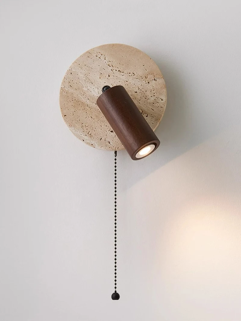 Natural Travertine Stone Wall Lamp Solid Wood Pull‑Chain Wall Light Adjustable Spot Light Indoor Lighting Bedroom Living Decor