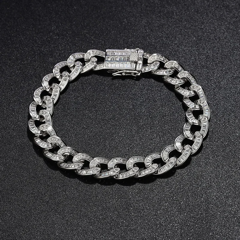Luxury PT950 Platinum Diamond Cuban Bracelet, Hip Hop Square Ladder Link Solid 925 Silver for Men Women