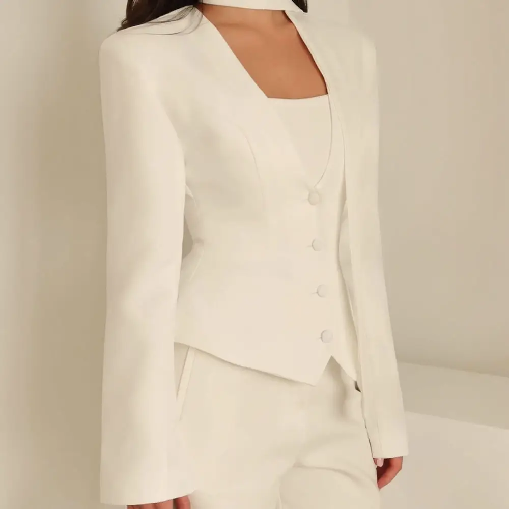 Womens Fashion Blazer Coat Slim Fit Long Sleeve V Neck Scarf Design Solid Color Elegant Office Casual Ladies Outerwear