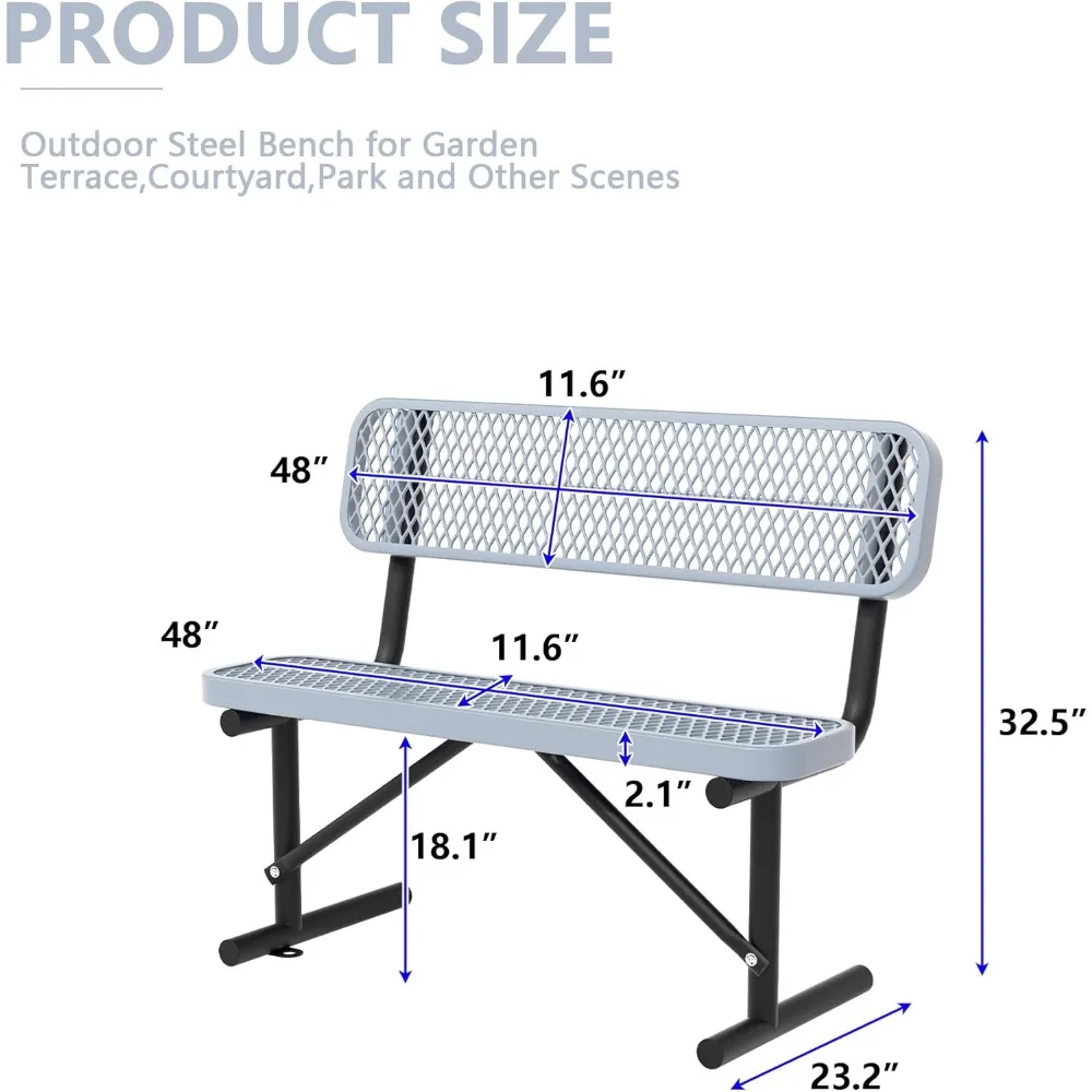مقاعد حديقة معدنية خارجية شديدة التحمل باللون الرمادي مع مساند للظهر، مقاومة للعوامل الجوية لاستخدام الحديقة، مثالية للمدارس والمتنزهات
