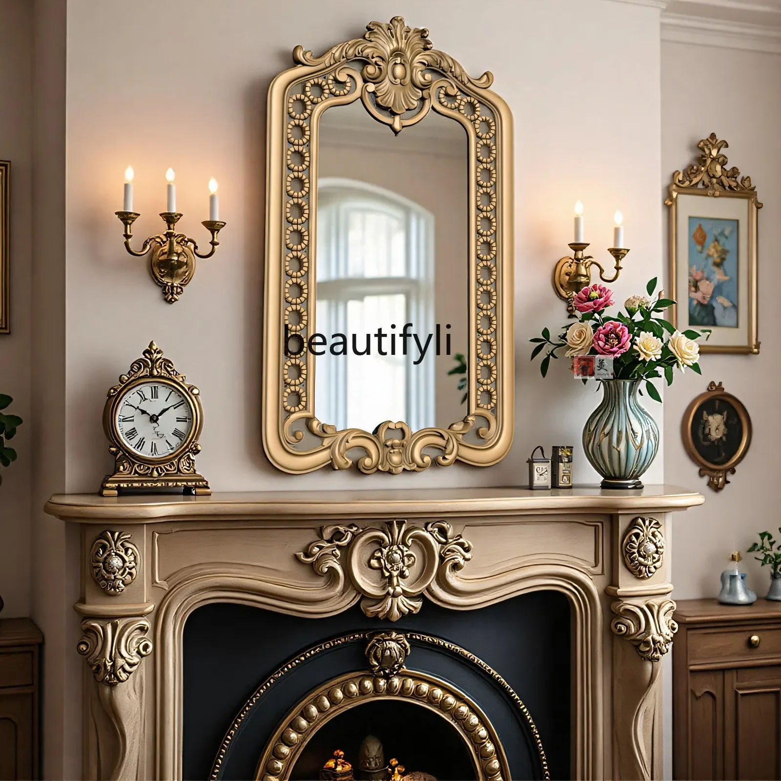 

A44 European retro mirror carved desktop bedroom makeup mirror background wall nostalgic fireplace decorative mirror