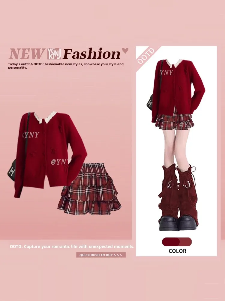 

New Year Red Knitted Sweater And Plaid Puffy Skirt Women's Winter New Sle Age Reduction Street Two-Piece Set Casual Sle