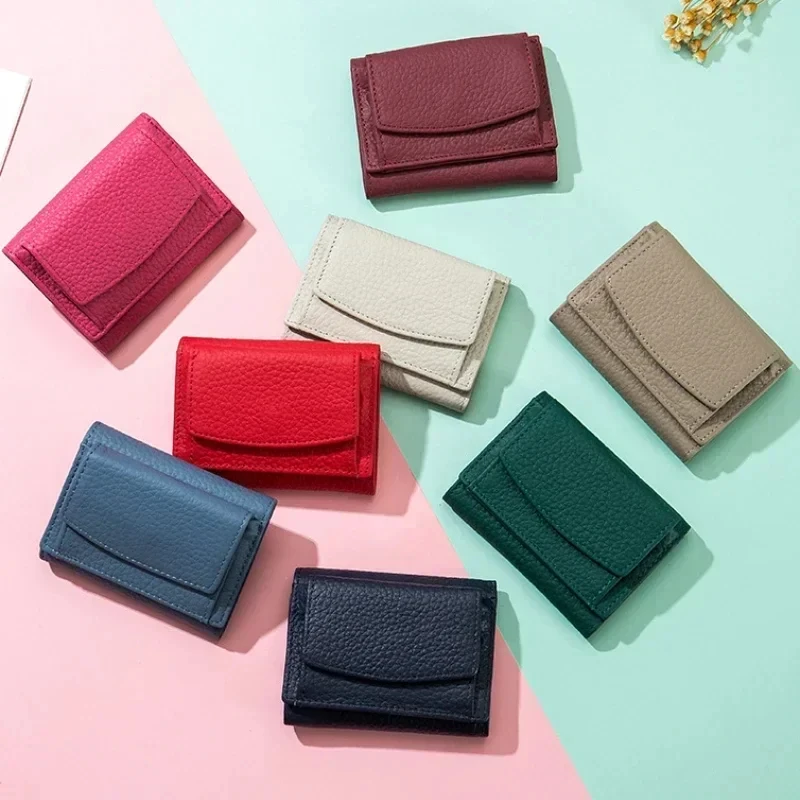 Mini billetera Multicolor de cuero genuino para niños, monedero japonés RFID, monedero informal de Color sólido, billetera pequeña para mujer