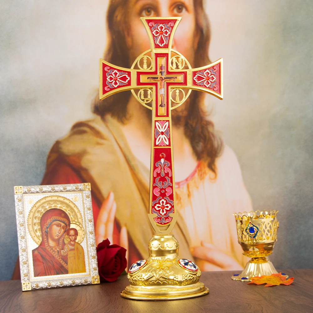 New Orthodox Standing Cross Jesus Cross Procession Cross Zinc Alloy Gold Plated Religious BoxGift Wedding Funeral Worship Church