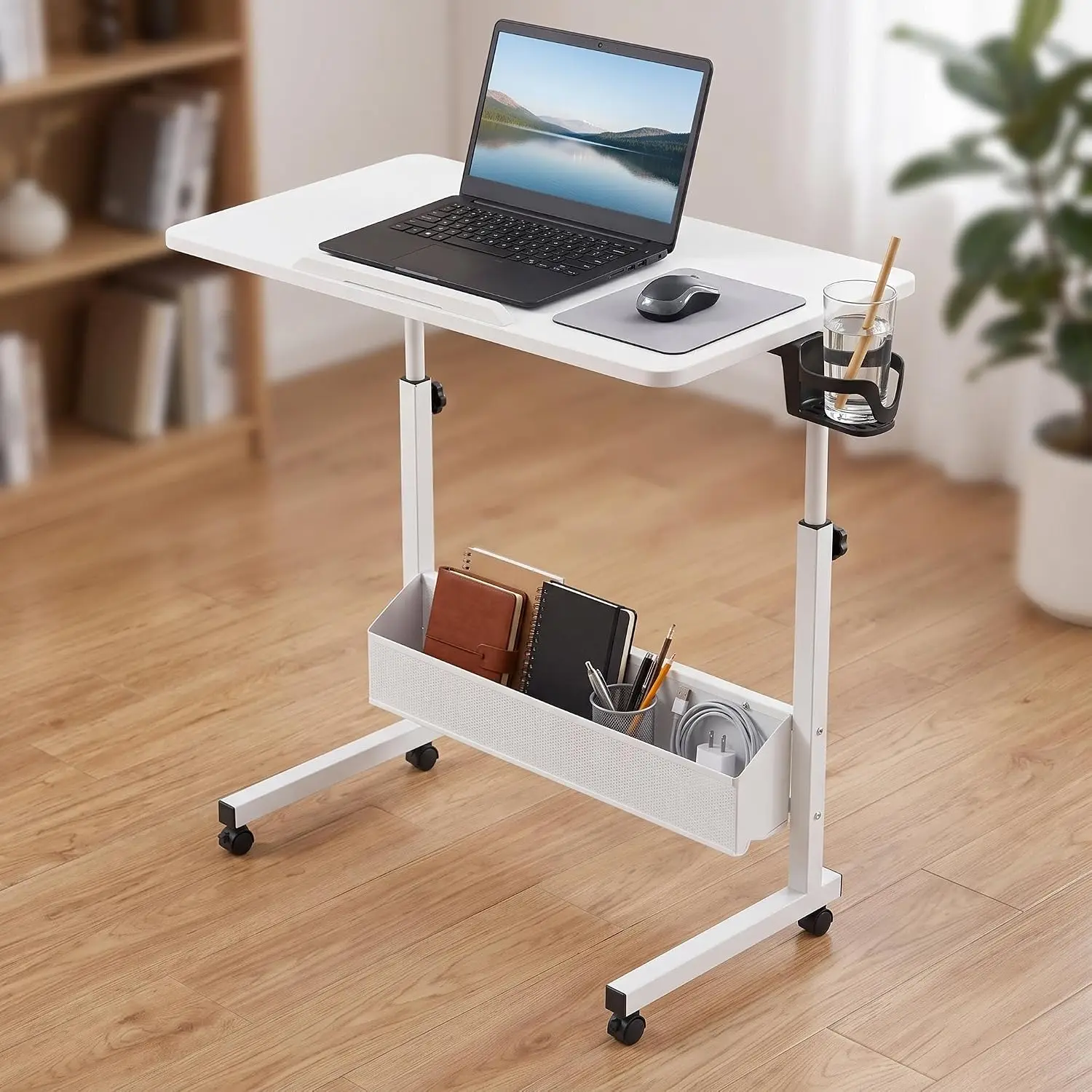 33.86‑42.52 inch Height Adjust RangeStanding Desk, Built‑In Cup Holder, Mesh Storage Pouch, Laptop Anti‑Slip Slot, Compact For Home & Office