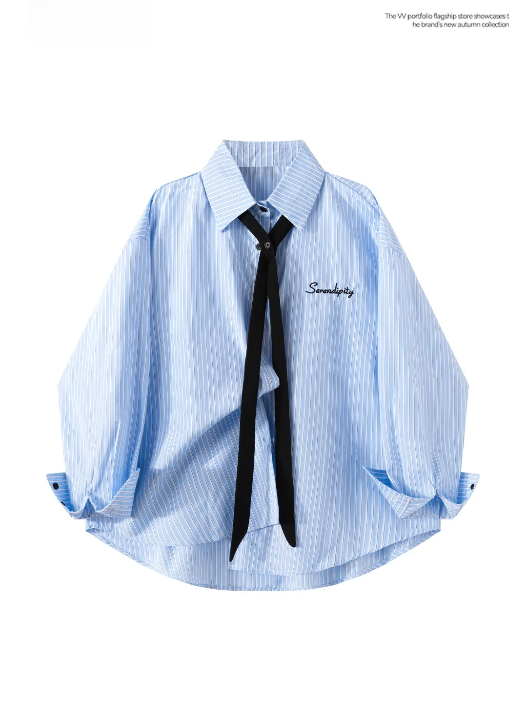 

Blue Striped Letter Women's Shirt Long Sleeve Midi Top with Tie Loose Fit Spring Slimming Shoulder Korean Style Commute Wind