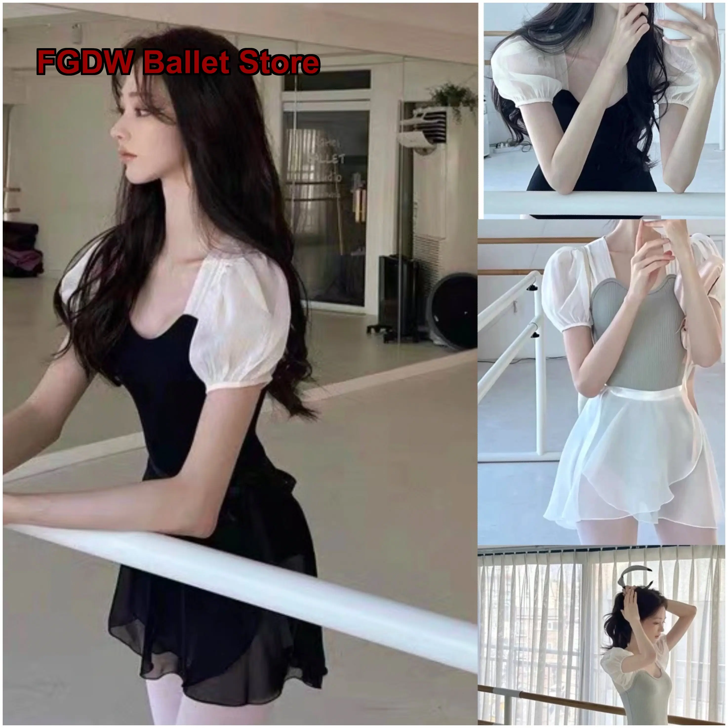 In Stock Practice Leotard with Puff Sleeves and Bow, Body Suit for Dance Students, Chinese Dance One-Piece Unitard for Adults
