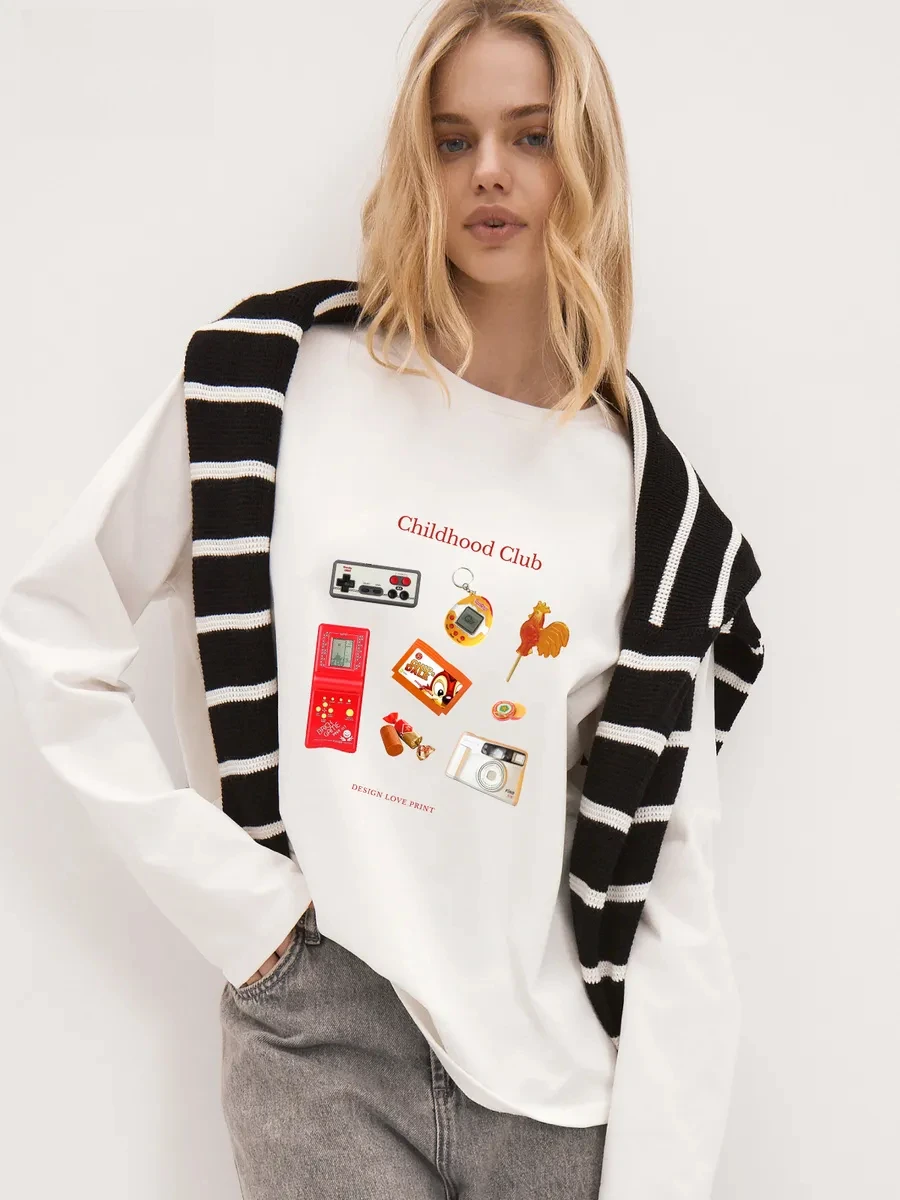 Women's Cotton Long Sleeve Spring Autumn Childhood Club Retro Game Camera Print T Shirt Loose Fit Casual Basic Daily Wear Top