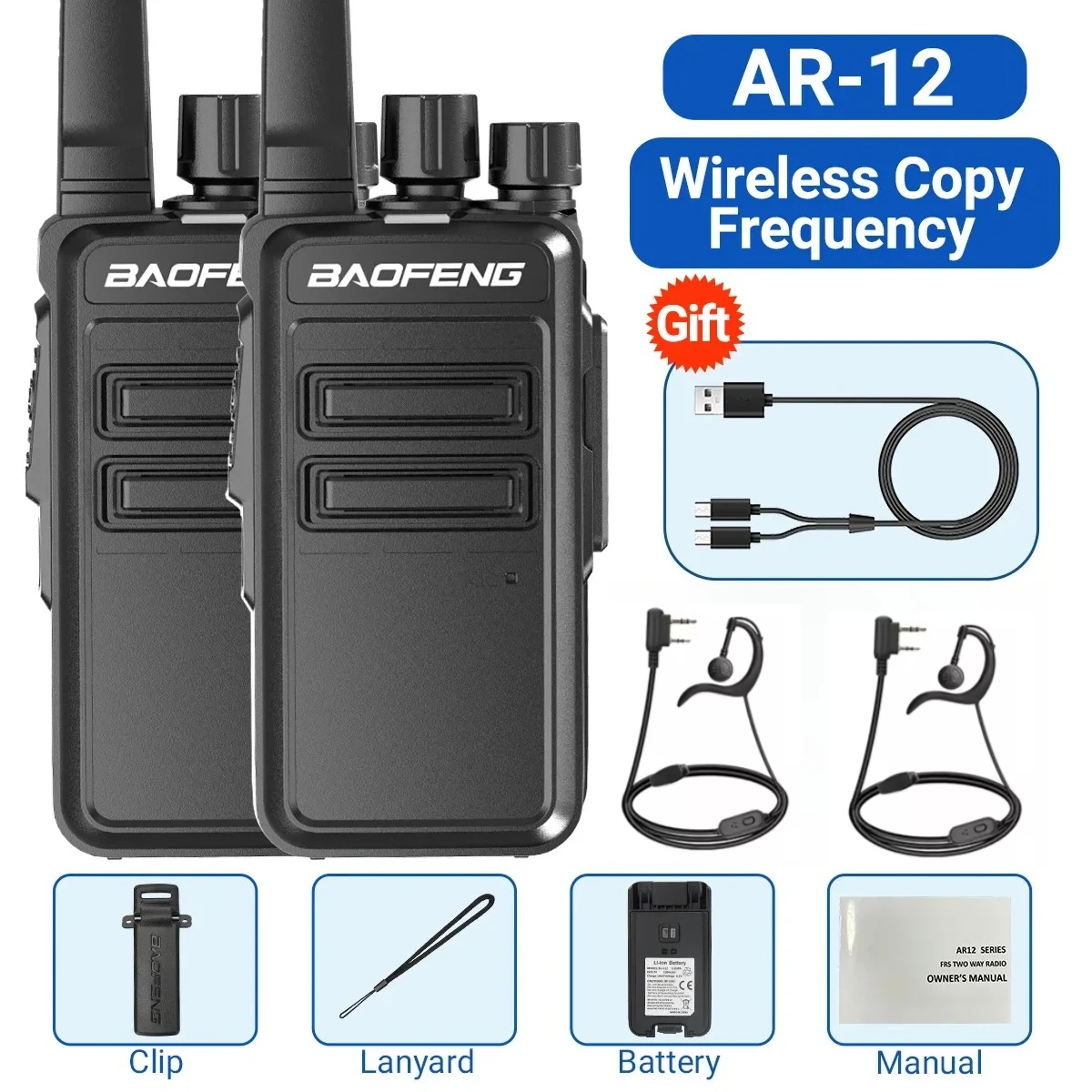 

Baofeng AR-12 Walkie Talkies Wireless Copy Frequency Long Range for Adults TYPE-C Rechargeable Two Way Radio for Camping Hiking