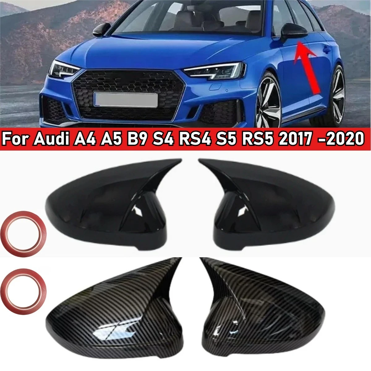 Глянцевая черная карбоновая крышка бокового зеркала заднего вида с рогами для Audi A4 A5 B9 S4 RS4 S5 RS5 2017-2020 Стайлинг автомобиля Глянцевая черная карбоновая крышка бокового зеркала заднего вида с рогами для Audi A4 A5 B9 S4 RS4 S5 RS5 2017-2020 Стайлинг автомобиля