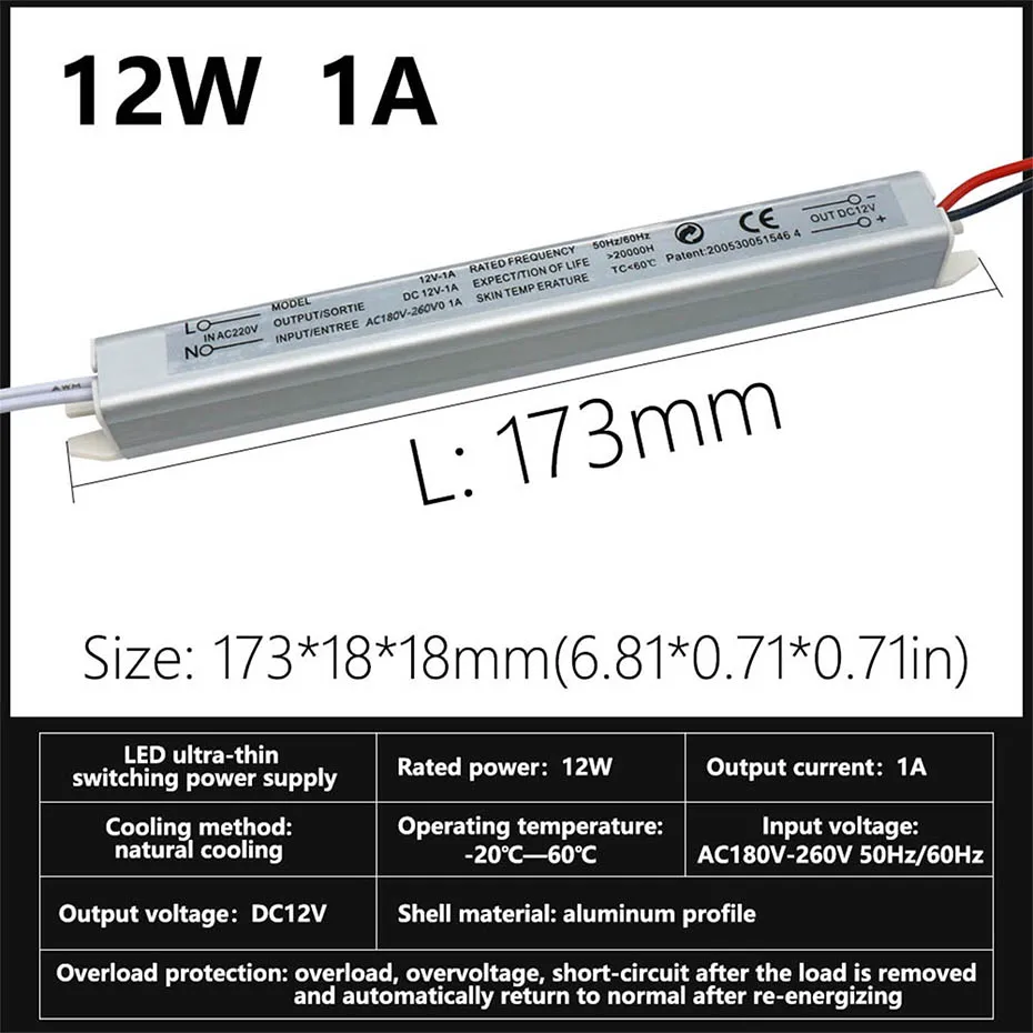 DC12V/24V Ultradünnes Schaltnetzteil 12W 24W 36W 60W 72W AC220V Beleuchtungstransformator 1A 1,5A 2A 2,5A 3A 5A 6A LED-Treiber – Detail 1