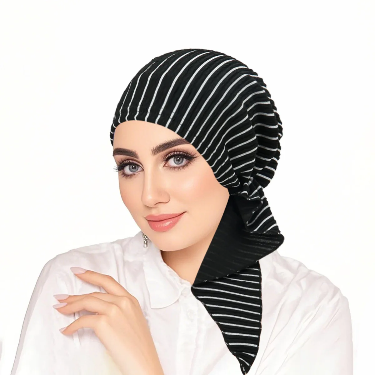 Women's Pre-Tied Stripe Hijab Turban Instant Chemo Cap Long Tail Headscarf Bonnet Hair Loss Head Wrap Headband Bandanas