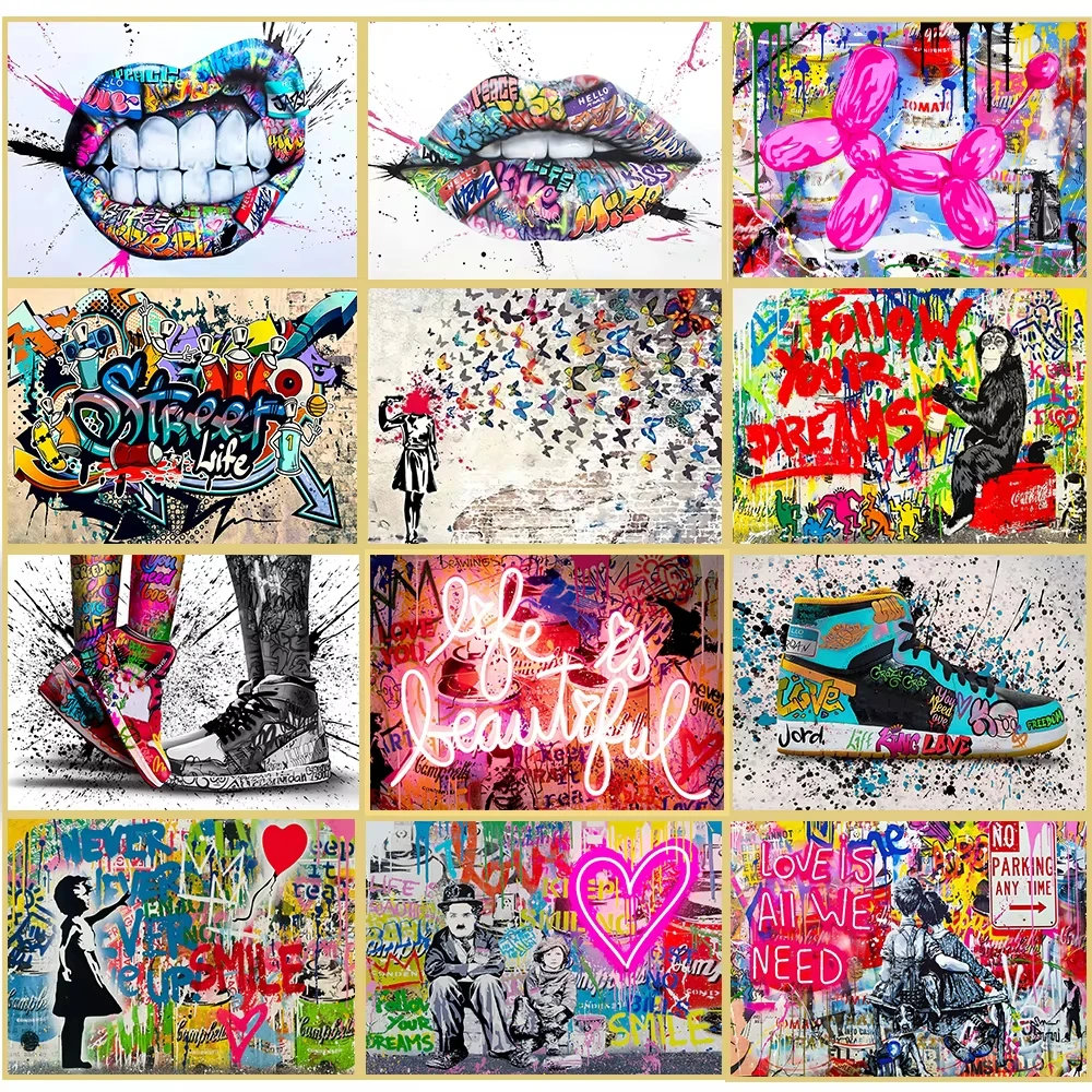 Banksy Street Art toile peintures baskets bouche Ballon fille Graffiti Pop Art affiches imprime Cuadros mur Art décoration de la maison