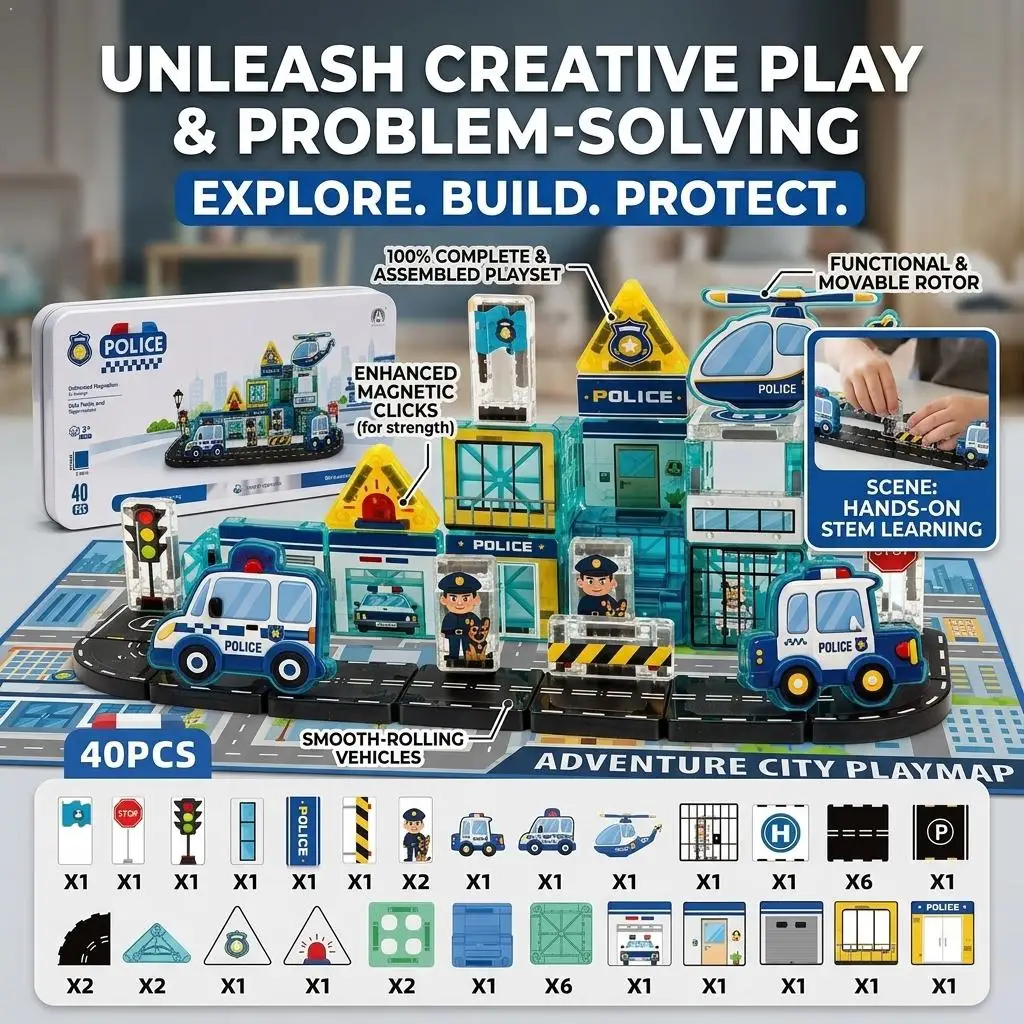 3.75CM Magnetic Building Blocks Fire‑Rescue Theme Playset Plastic‑Magnet 360‑Degree Rotatable Magnets Educational Travel Toy