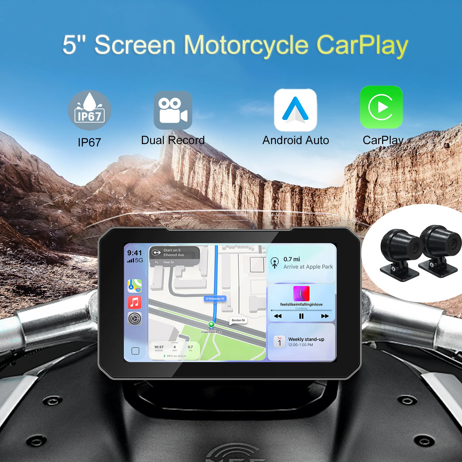 

Экран Ezonetronics 5 дюймов для мотоцикла с поддержкой CarPlay, записью с двумя камерами, беспроводным CarPlay и Android Auto, IP67