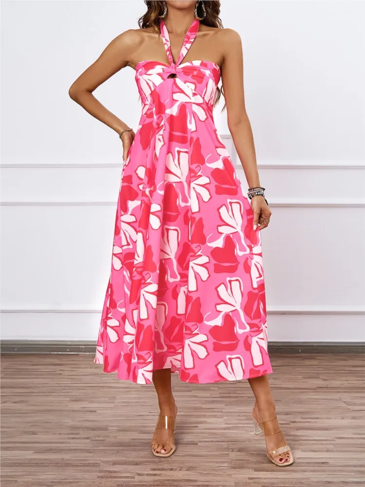 

Summer Women's New Fashionable Vacation Print Sexy Hollow Lace Hanging Neck Hanging Collar Large Swing Dress
