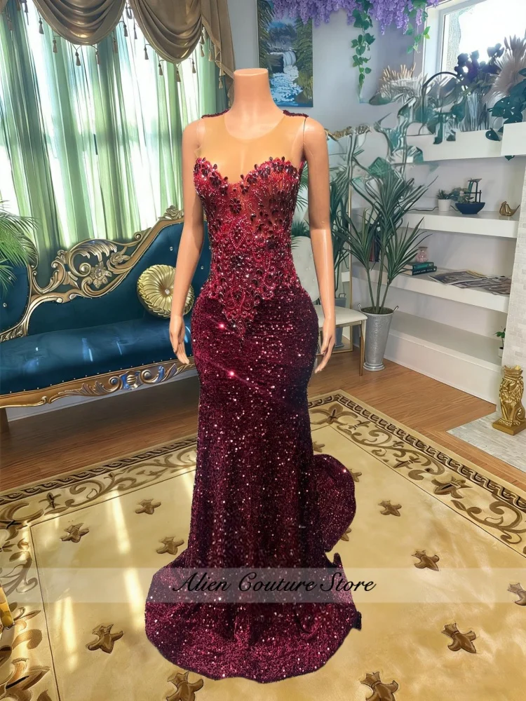 Pretty Sequined Prom Dresses Sexy Beading Diamonds Evening Gowns Sleeveless Sequins Formal Party Dress Customized