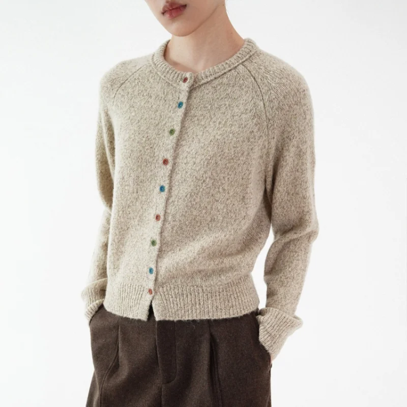 Birdtree, Kardigan Rajut 100% Wol Domba, Sweater Wanita Retro Kerah O Lengan Panjang, Atasan Musim Gugur Musim Dingin 2025, Beige, Kuning T5O816JF