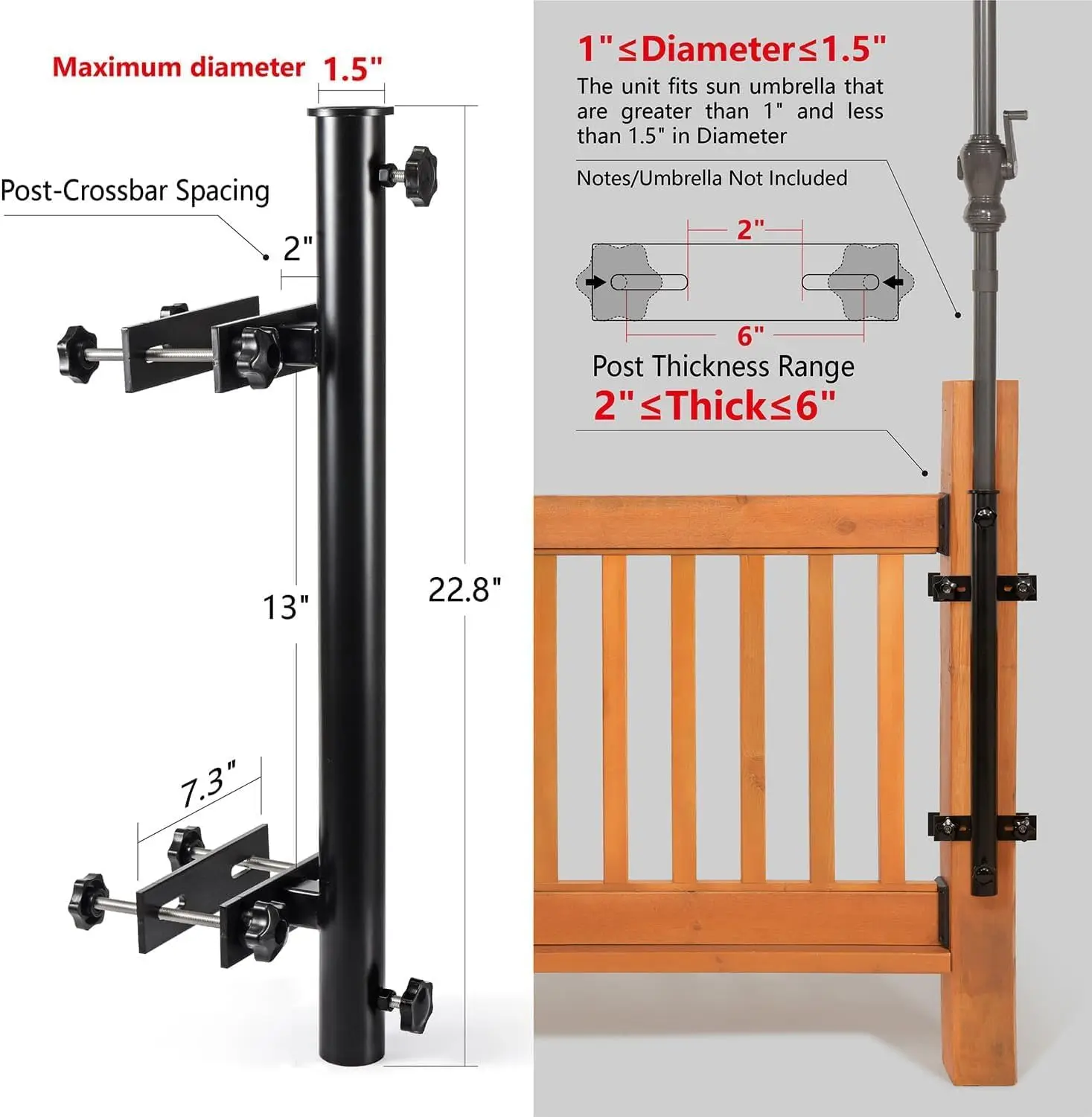 Outdoor Stainless Steel Patio Umbrella Holder, Deck Mount,Sturdy,Railing Mounting Brackets, Heavy Duty Outdoor Umbrella Base
