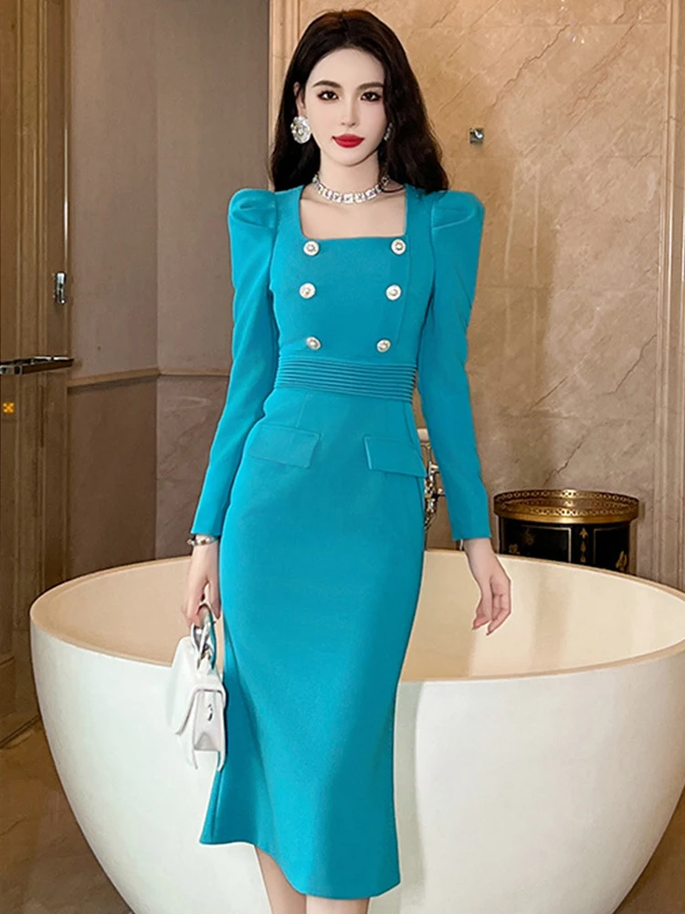 New Fashion Elegant Women\'s Blue Dress Commuter Professional Style Double Breasted High Waist Robe Business Office Lady Vestidos