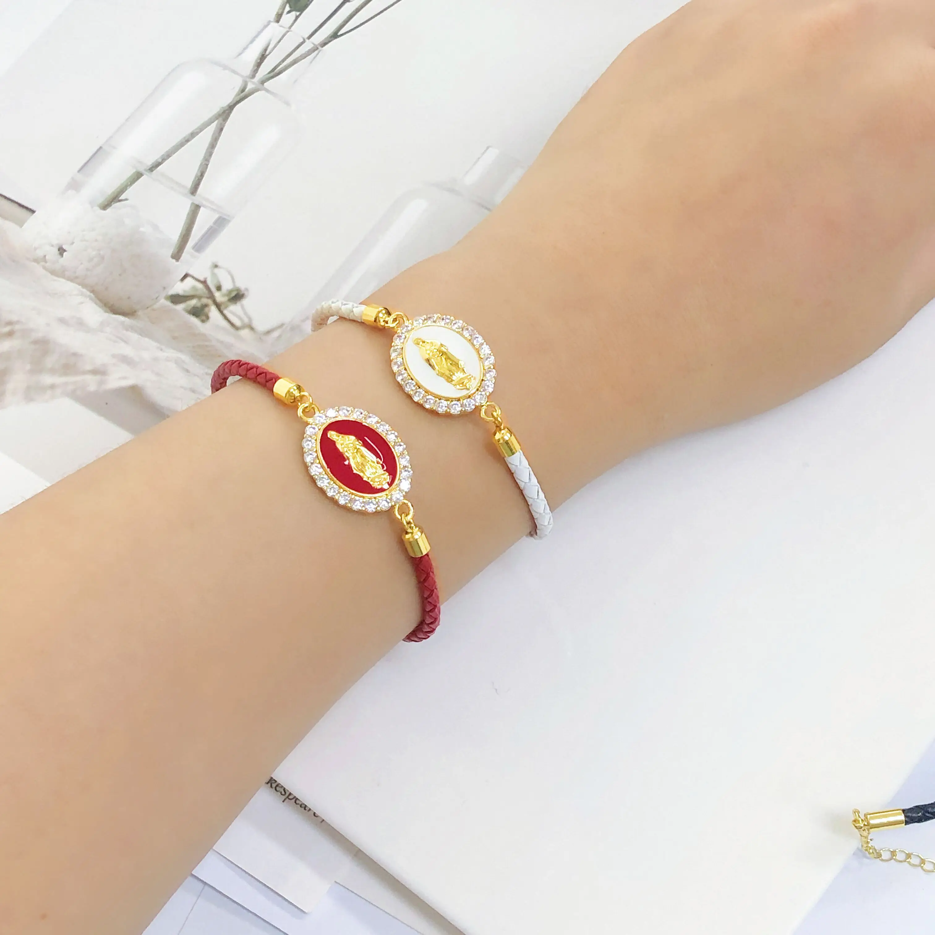 Nowa Modna Skórzana Pleciona Bransoletka z Figurką Religijną Matki Boskiej Świętego Jana Chrzciciela z Cyrkonią dla Kobiet i Mężczyzn, Biżuteria na Imprezę, Prezent Urodzinowy