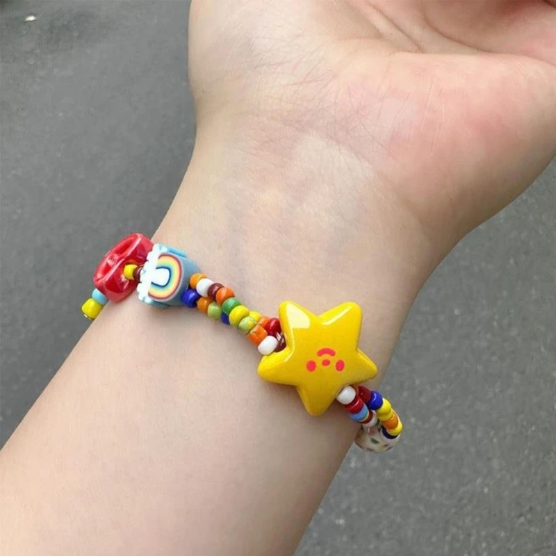 Fashion Colorful Star Bead Bracelet Handmade Elastic Cord Bracelet Cute Wristband Stackable Bracelets Summer Jewelry